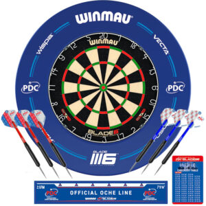 Combo Diana Winmau Blade 6 con Surround (Protector de pared), dos juegos de dardos, raya de piso y tarjeta de cierres