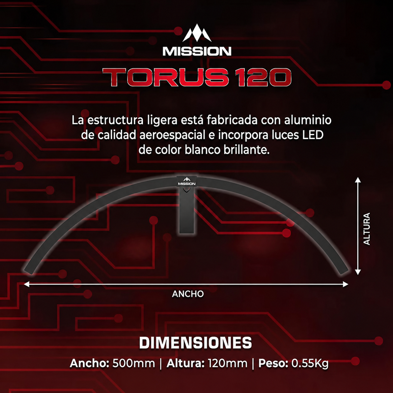 Sistema de Luz Torus Led 120 grados para Dianas (USB) Marca Mission (No incluye la diana ni el Surround) Disponible en Negra y Roja - Imagen 5